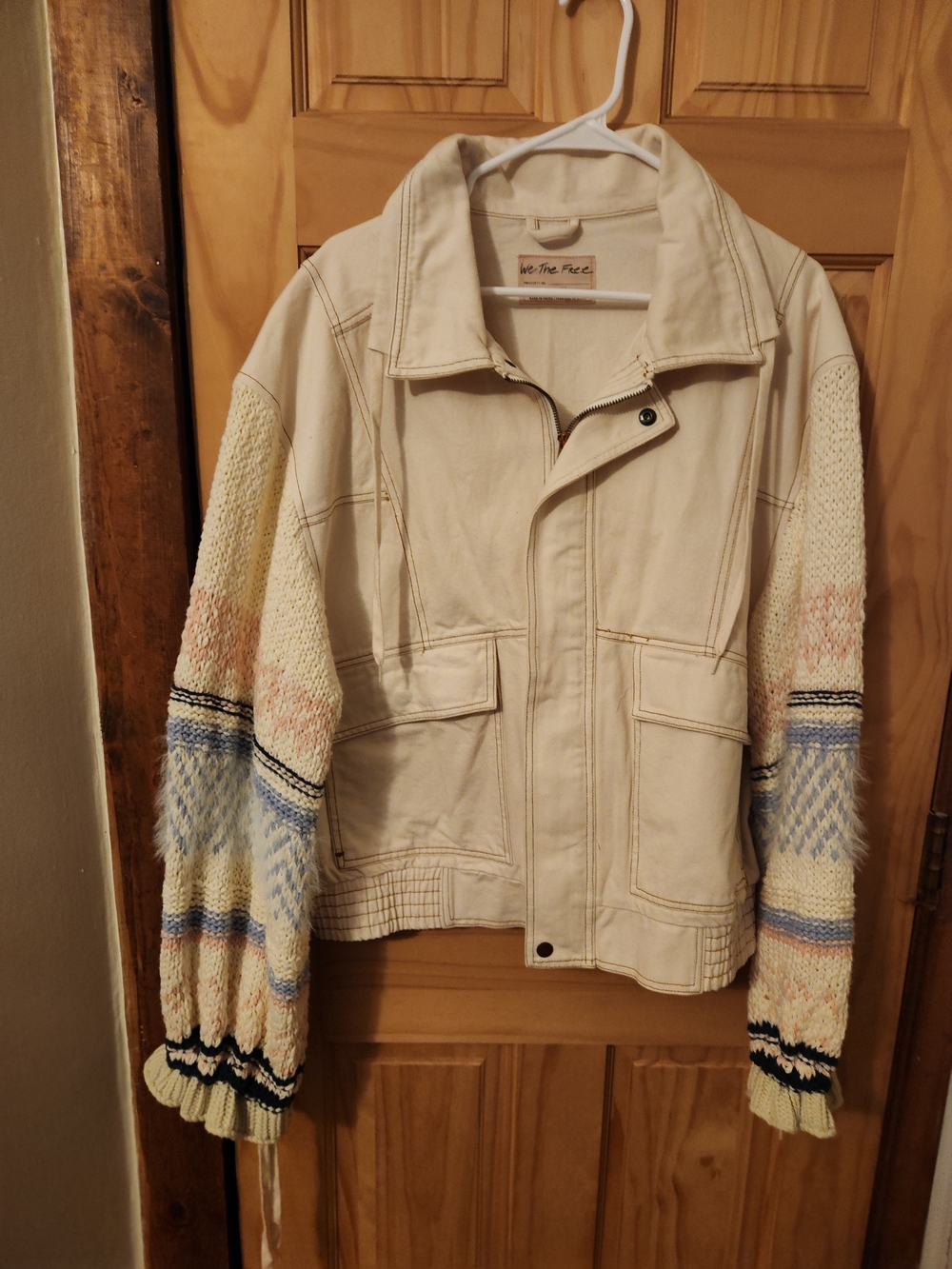 We The Free Cream Jean Jacket with Pastel Knit Sleeves
